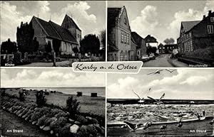 Bild des Verkufers fr Ansichtskarte / Postkarte Karby in Schleswig Holstein, Am Strand, Mwen, Kirche, Hauptstrae zum Verkauf von akpool GmbH
