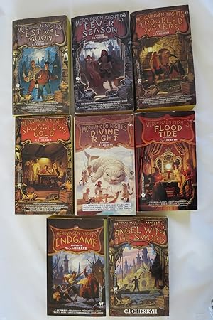 Bild des Verkufers fr MEROVINGEN NIGHTS (COMPLETE 8 VOLUME SET) Angel with the Sword; Festival Moon #1; Fever Season #2; Troubled Waters #3; Smuggler's Gold #4; Divine Right #5; Flood Tide #6; Endgame #7 (Signed by Author) zum Verkauf von Sage Rare & Collectible Books, IOBA