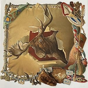 Large embossed paper die-cut of a Moose Head on a stretched skin with embellishments