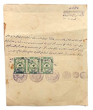 Seller image for [MURDER AND SUSPECT IN KADIKY - ACQUITTAL REPORT] Manuscript acquittal law document: The verdict of acquittal of Aramyan Uncuyan School history teacher, stamped by Kadiky Aga Mahallesi Association in 1340 AH [1924 AD]. for sale by Khalkedon Rare Books, IOBA