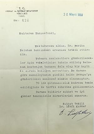 Autograph document signed 'Sihhat Vekili Dr. Lûtfi Kirdar', sent to Turkish poetess Halide Nusret...