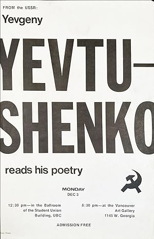 From the USSR: Yevgeny Yevtushenko Reads His Poetry. [Poetry Reading Poster Flyer.]