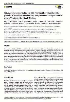 Bild des Verkufers fr Survey of Stenomelania Fisher, 1885 (Cerithioidea, Thiaridae): The potential of trematode infections in a newly-recorded snail genus at the coast of Andaman Sea, South Thailand zum Verkauf von ConchBooks