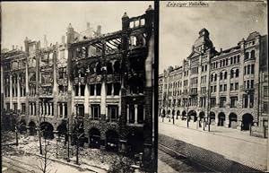 Bild des Verkufers fr Ansichtskarte / Postkarte Leipzig in Sachsen, zerstrtes Volkshaus nach dem Brand am 19. Mrz 1920, vorher und nachher zum Verkauf von akpool GmbH