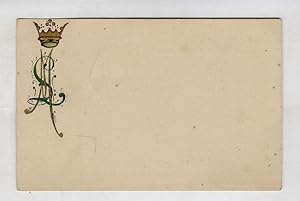 Cartolina postale con monogramma LM dipinto a mano in azzurro e oro, sormontato da corona dorata,...