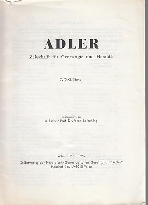 Bild des Verkufers fr Adler. 7. (21.) Band, Wien 1965-1967. Zeitschrift fr Genealogie und Heraldik. [Gesamt-Inhaltsverzeichnis]. zum Verkauf von Fundus-Online GbR Borkert Schwarz Zerfa