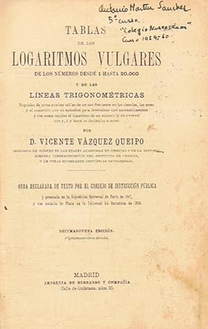 Seller image for TABLAS DE LOS LOGARITMOS VULGARES DE LOS NMEROS DESDE 1 HASTA 20.000 Y DE LAS LNEAS TRIGONOMTRICAS for sale by Librera Torren de Rueda