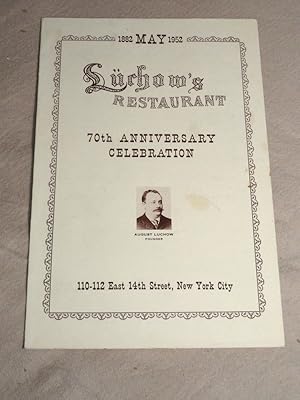 Image du vendeur pour Luchow's Restaurant 70th Anniversary Celebration Dinner Menu, 1952 mis en vente par Pacific Rim Used Books  LLC