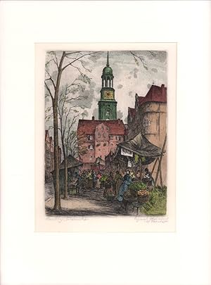 Seller image for Schaarmarkt in Hamburg, mit Blick auf St. Michaelis. Handkolorierte Original-Radierung. for sale by Antiquariat Reinhold Pabel