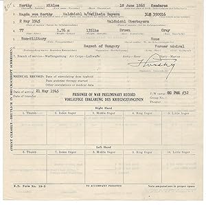 Miklós Horthy's Prisoner Information Card from Camp Ashcan. (Prisoner of War Preliminary Record.)