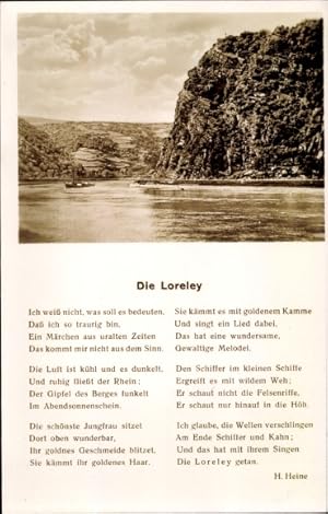Gedicht Ansichtskarte / Postkarte Die Loreley, H. Heine, Loreleyfelsen und St. Goarshausen