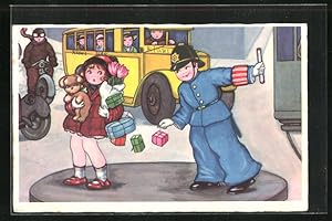 Bild des Verkufers fr Knstler-Ansichtskarte Polizei, Junge als Polizist hilft einer jungen Frau zum Verkauf von Bartko-Reher