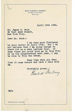 Seller image for TYPED LETTER SIGNED by the pioneering literary and theatrical agent and producer ELISABETH MARBURY. for sale by Blue Mountain Books & Manuscripts, Ltd.