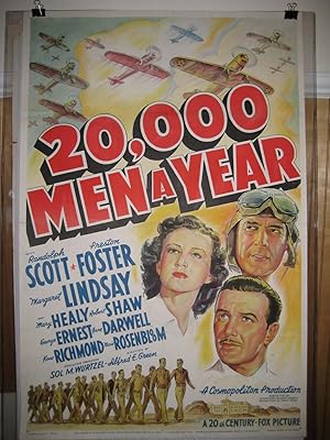 20,000 MEN A YEAR-WARBIRDS-RANDOLPH SCOTT-LITHO POSTER VG/FN