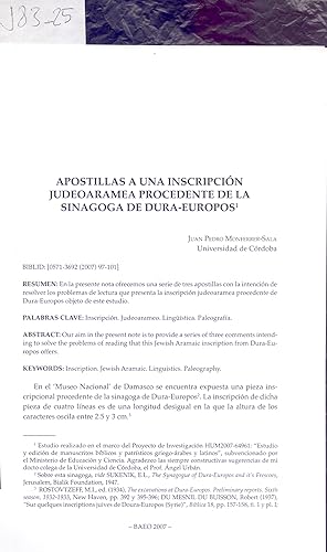 Seller image for APOSTILLAS A UNA INSCRIPCION JUDEOARAMEA PROCEDENTE DE LA SINAGOGA DE DURA-EUROPOS for sale by Libreria 7 Soles