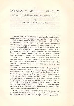Imagen del vendedor de ARTISTAS Y ARTIFICES RIOJANOS (CONTRIBUCION A LA HISTORIA DE LAS BELLAS ARTES EN LA RIOJA) (EXTRAIDO ORIGINAL DEL AO 1960, ESTUDIO COMPLETO TEXTO INTEGRO) a la venta por Libreria 7 Soles