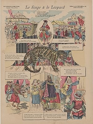 "LE SINGE ET LE LÉOPARD" Imagerie originale entoilée / FABLE DE LA FONTAINE / Gravure sur bois or...