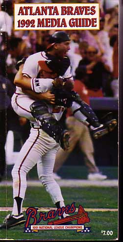 ATLANTA BRAVES 1992 MEDIA GUIDE-'91 NAT'L LEAGUE CHAMP. G/VG