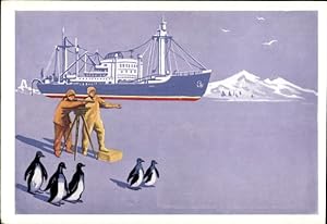 Künstler Ansichtskarte / Postkarte QSL Karte, Funkerkarte, Forschungsschiff, Pinguine, DJ2RE, Rus...