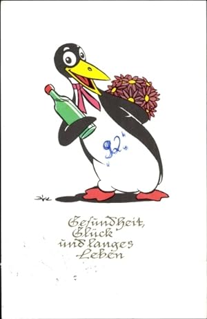 Künstler Ansichtskarte / Postkarte Gesundheit Glück und langes Leben, Pinguin mit Blumenstrauß