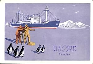 Künstler Ansichtskarte / Postkarte QSL Karte, Funkerkarte, Forschungsschiff, Pinguine, UA0RE Yakutsk