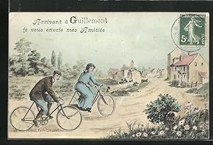 Carte postale Guillemont, Radfahrer vor dem Dorfe