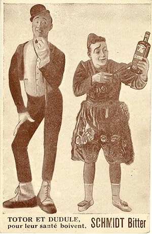 "TOTOR et DUDULE boivent SCHMIDT Bitter" Carte-photo originale (BRUXELLES années 40)