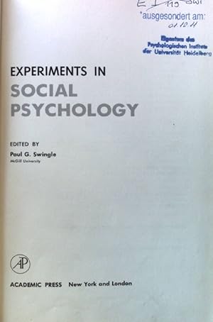 Seller image for Experiments in Social Psychology; Social Psychology; A Series of Monographs, Treatises, and Texts; for sale by books4less (Versandantiquariat Petra Gros GmbH & Co. KG)