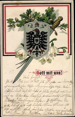 Präge Litho Wappen mit Schwert, Propaganda, Gott mit uns, I. WK