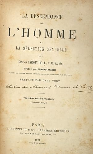 Seller image for LA DESCENDANCE DE L'HOMME ET LA SLECTION SEXUELLE. for sale by Livraria Castro e Silva