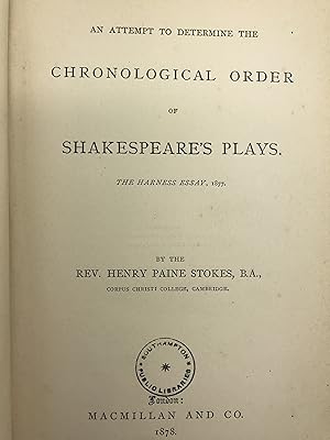 Seller image for An Attempt to Determine the Chronological Order Of Shakespeare's Plays; The Harness Essay, 1877. for sale by Harrison-Hiett Rare Books