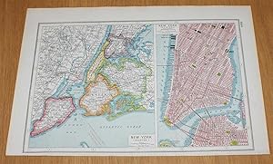 Seller image for Street Plan of New York (USA) from Harmsworth's 1922 Atlas of the World - Single Sheet with two plans - Greater New York and Central New York for sale by Bailgate Books Ltd