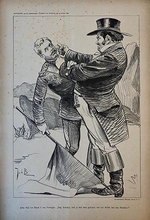 Bild des Verkufers fr [Original lithograph/lithografie by Johan Braakensiek] John Bull en Karel 1 (Karel I) van Portugal, 19 Januari 1890, 1 pp. zum Verkauf von Antiquariaat Arine van der Steur / ILAB