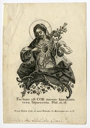 Rare Antique Print-HOLY MARY-HEART-LILIES-Heissig-c.1760