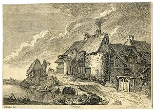 Antique Master Print-COTTAGES NEAR WATER-VILLAGE-Weirotter-c1780