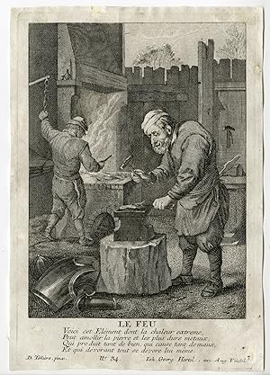 Bild des Verkufers fr Antique Master Print-BLACKSMITH-SMITHY-FIRE ELEMENT-Teniers II-Hertel-c.1750 zum Verkauf von Pictura Prints, Art & Books