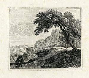 Antique Master Print-HILLY LANDSCAPE-TRAVELLERS-Zaech-c.1645-1660