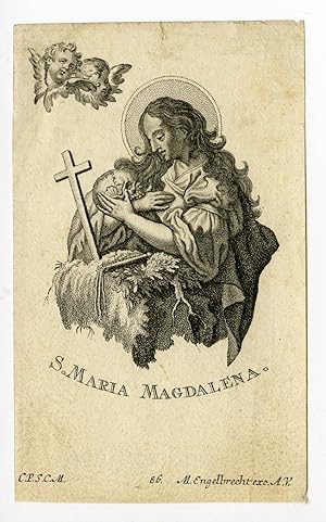 Rare Antique Print-SAINT MARY MAGDALENE-SKULL-Engelbrecht-c.1730