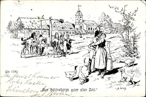 Bild des Verkufers fr Knstler Ansichtskarte / Postkarte Ptsch, B., Berlin Schneberg, Historisches Bild der Ortschaft um 1780, Soldaten, Kirche zum Verkauf von akpool GmbH