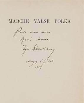 Trois pièces faciles pour piano à quatre mains. Marche Valse Polka. Signed presentation copy to R...