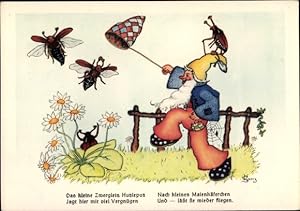 Bild des Verkufers fr Knstler Ansichtskarte / Postkarte Spenz, U., Glckwunsch Pfingsten, Zwerg versucht Maikfer zu fangen, Spinnennetz zum Verkauf von akpool GmbH