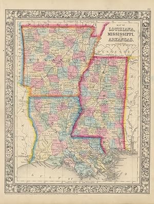 Imagen del vendedor de Map of Louisiana, Mississippi, and Arkansas a la venta por Main Street Fine Books & Mss, ABAA