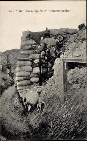 Ansichtskarte / Postkarte Soldat auf Posten am Ausguck im Schützengraben, I WK