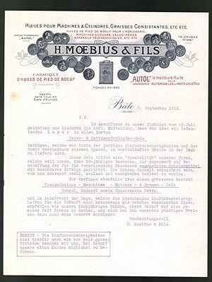 Rechnung Bâle 1915, Fabrique d`Huiles industrielles H. Moebius, Fils, Messe-Medaillen, Öl-Kanister