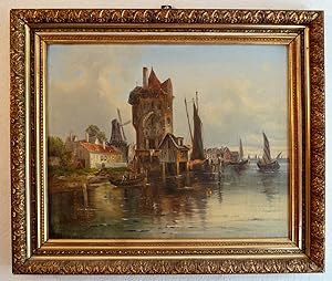 Holländischer Hafen (alte Hafenansicht mit Segelbooten, Windmühle, Fischerhütten). Ca. 1880.