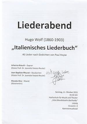 Bild des Verkufers fr Programmheft Jean-Baptiste Mouret LIEDERABEND HUGO WOLF ITALIENISCHES LIEDERBUCH 11. Oktober 2015 Kammermusiksaal zum Verkauf von Programmhefte24 Schauspiel und Musiktheater der letzten 150 Jahre