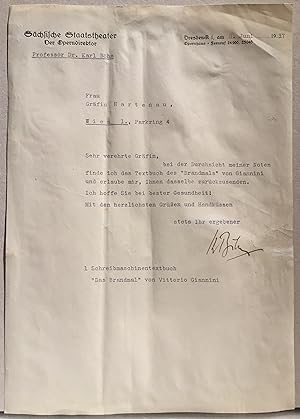 Typed letter to Frau Gräfin Hartenau signed by Karl Böhm