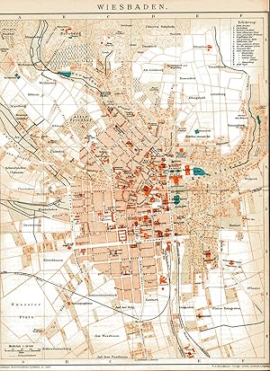 Wiesbaden. Maßstab 1 : 13 750. Original historischer grenzkolorierter Stadtplan um 1895.