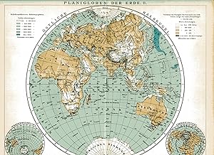 Bild des Verkufers fr Planigloben der Erde II. stliche Halbkugel. Hauptkarte Mastab 1 : 95 000 000. 2 Nebenkarten: 1. Wasserhalbkugel; 2. Landhalbkugen. Ohne Mastab. Original historische grenzkolorierte Landkarte um 1895 zum Verkauf von Antiquariat Kastanienhof