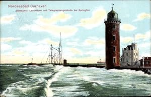 Bild des Verkufers fr Ansichtskarte / Postkarte Nordseebad Cuxhaven, Semaphor, Leuchtturm, Telegraphengebude bei Springflut zum Verkauf von akpool GmbH